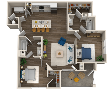A top-down view of a house layout with a living room, kitchen, dining area, and bedrooms.