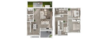 A set of four images showing different layouts of a bedroom, bathroom, kitchen, and living room.