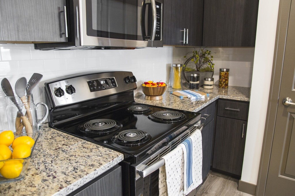 A modern kitchen with a stove top oven and a microwave above it. at Century Belmont Station, Louisville, Kentucky