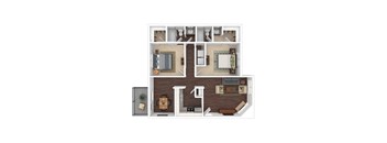 A top-down view of a house layout with a kitchen, living room, and bedrooms.