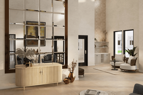 A living room with a large window, a sofa, a coffee table, and a side table with a vase of flowers.