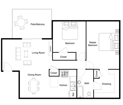 a floor plan of a living room with a bedroom and a dining room