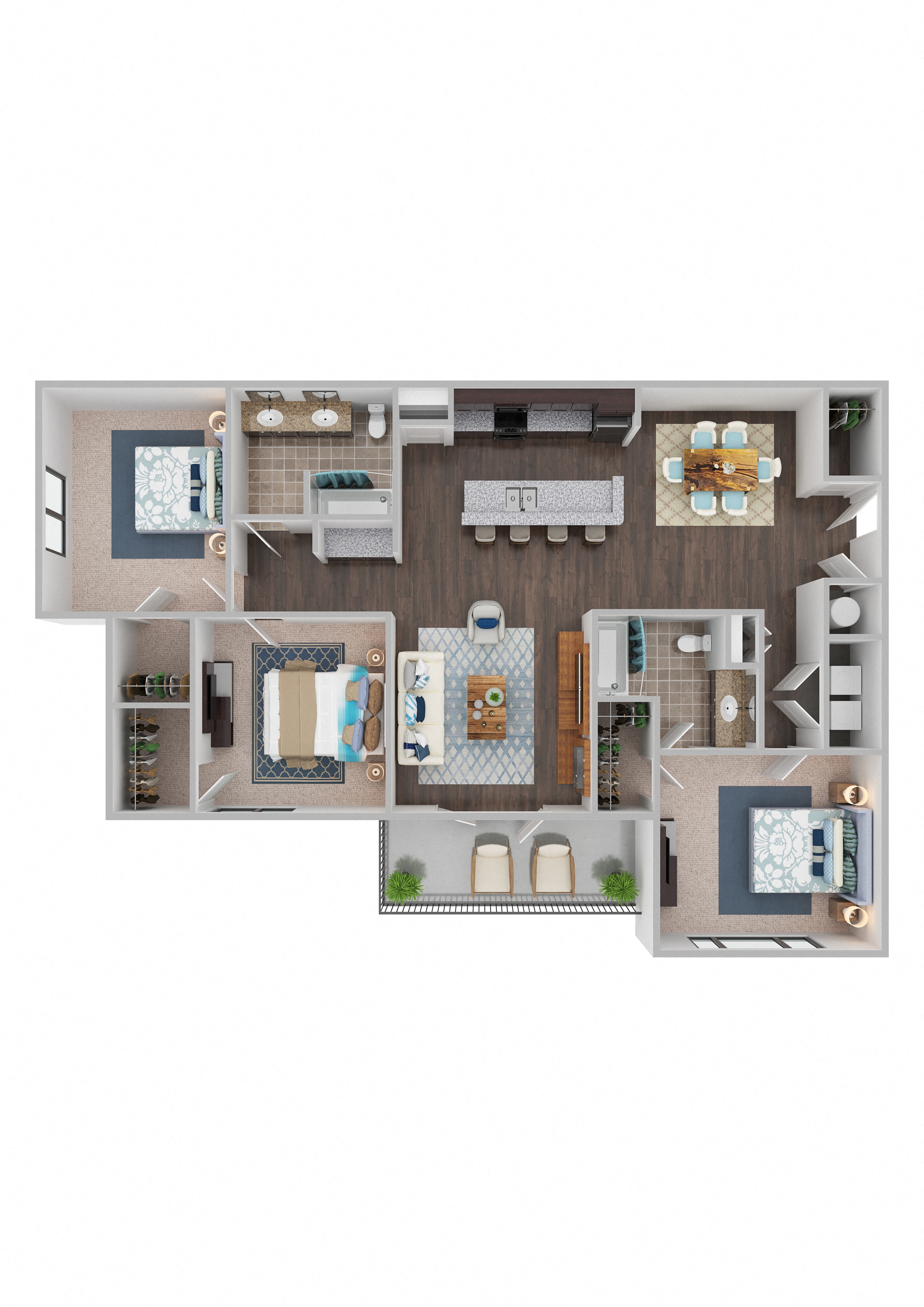 A 3D floor plan of a house with a kitchen, living room, and bathrooms.