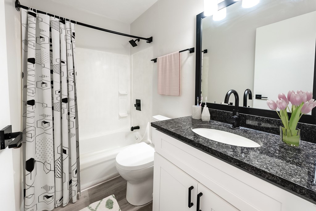 A bathroom with a black and white shower curtain.