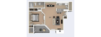 A floor plan of a small apartment with a kitchen, living room, and bathroom.
