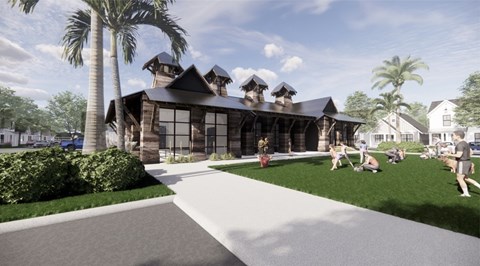A modern building with a black roof and palm trees in front.