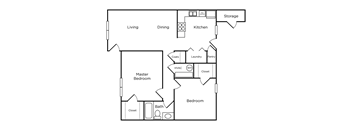 A floor plan of a house with labeled rooms such as Living, Dining, Kitchen, Bath, Bedrooms, and storage.