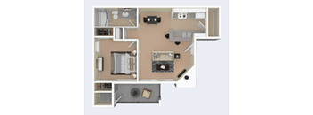 A floor plan of a small apartment with a kitchen, living room, and bathroom.