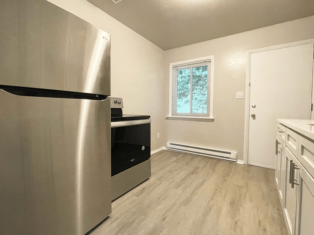 a kitchen with stainless steel appliances and a window