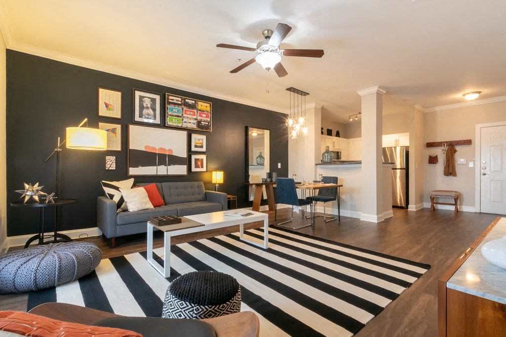 Living Room With Kitchen View at Crest at Midtown, Atlanta, GA, 30308