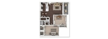 A top-down view of a house layout with a living room, kitchen, and bedrooms.