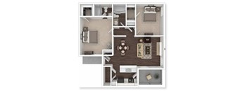 A top-down view of a small apartment with a kitchen, living room, and bedroom.