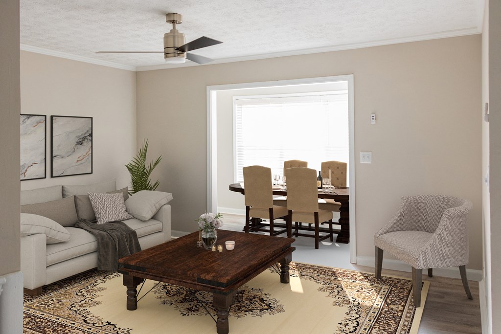 Living and dinning room with coffee and dinning table at Twin Springs, Norcross, GA