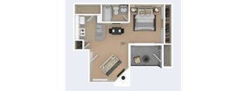 A floor plan of a small apartment with a kitchen, living room, and bathroom.