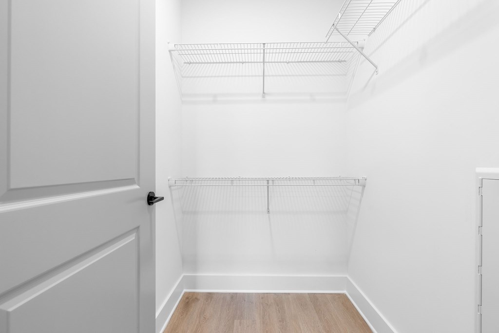 A white closet with a door and shelves.