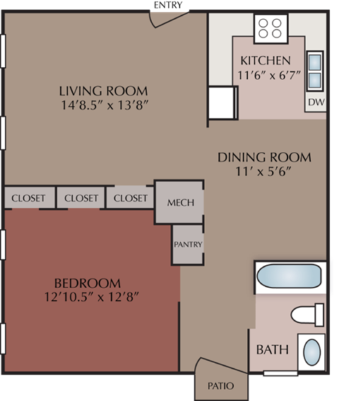 Spacious one bedroom floor plan apartment at Lakewood Lodge, Hanahan, SC