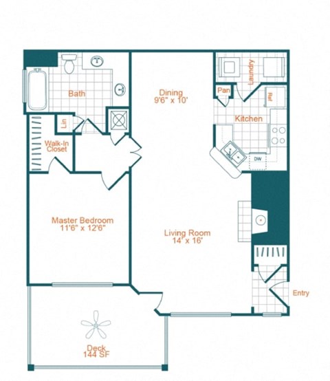1 bedroom 1 bathroom A2 floor plan at the Lex at Brier Creek, Morrisville, NC