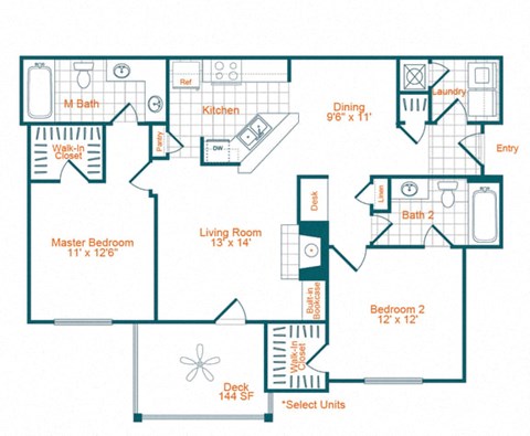 2 bedroom 2 bathroom B1 floor plan at the Lex at Brier Creek, Morrisville, NC