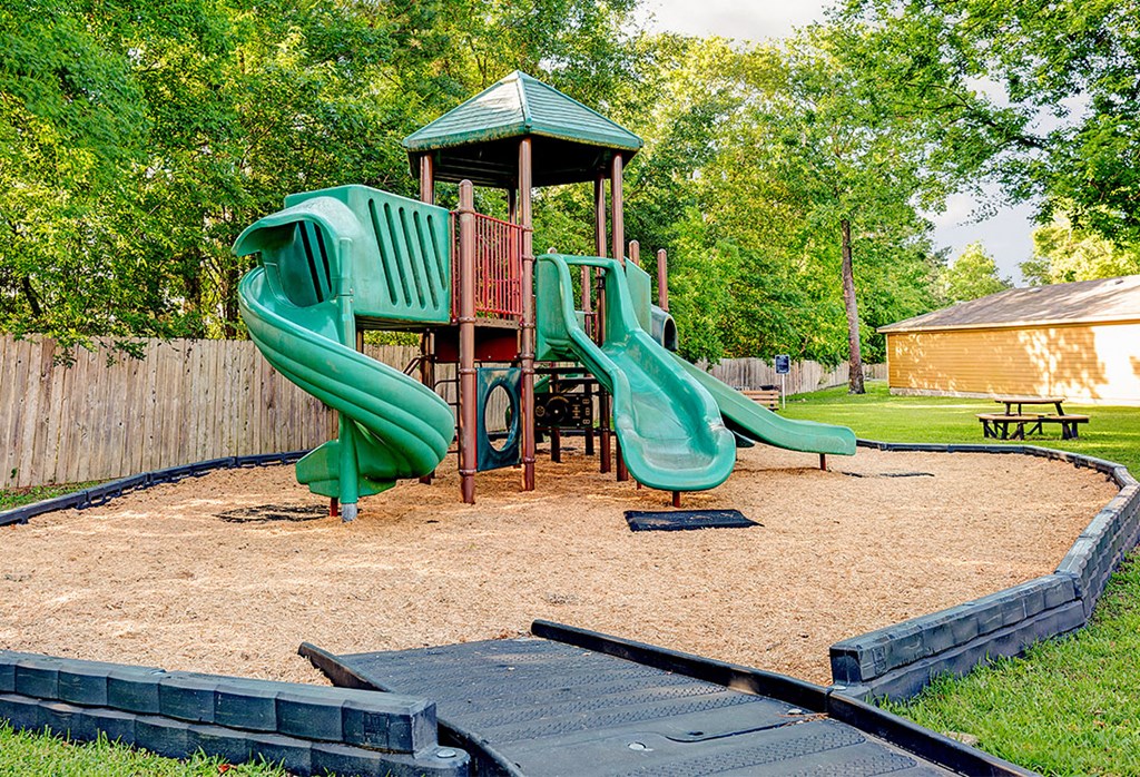 a playground with two slides in a backyard