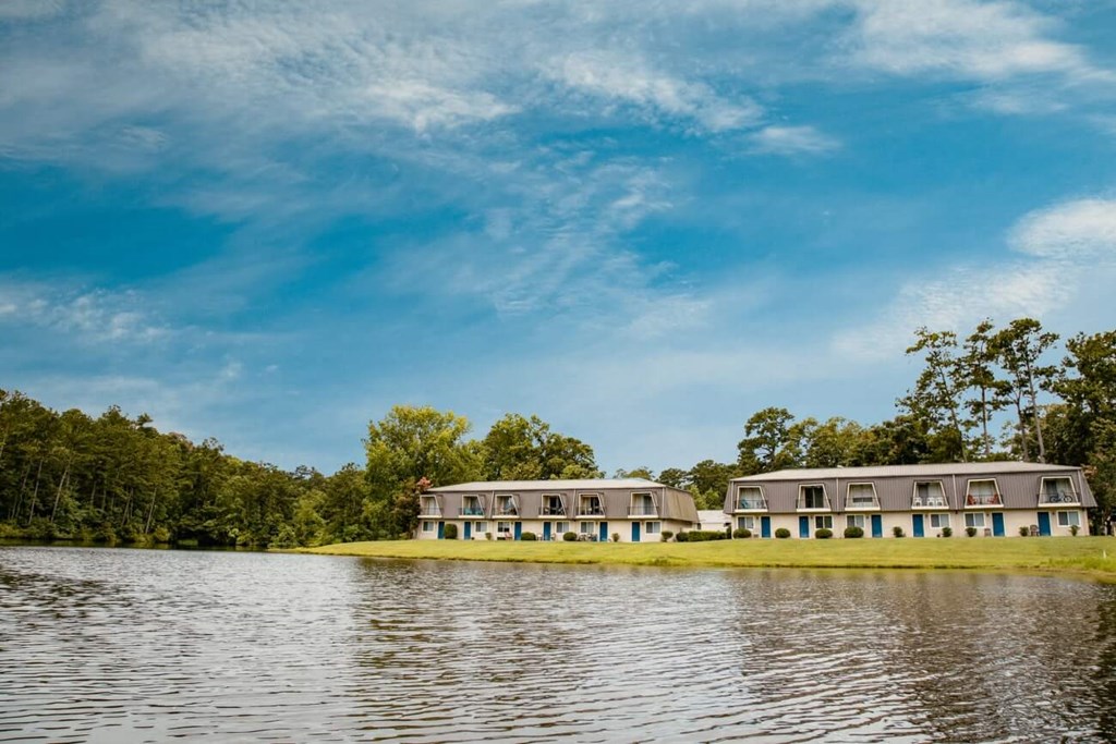 a row of houses on the shore of a lake