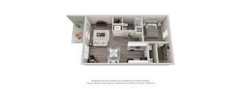 a stylized floor plan with a bedroom and a living room