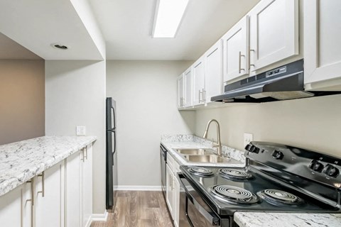 A kitchen with a black refrigerator and stove top oven.