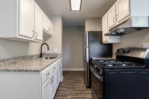 A kitchen with a black refrigerator and stove.