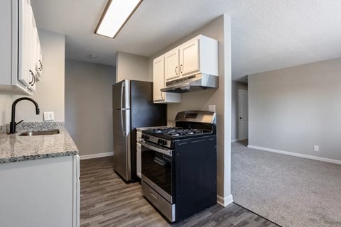 a kitchen with a stove and a refrigerator