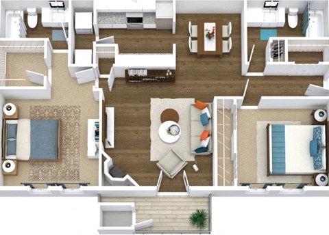 arial view of a floor plan with furniture and a living room
