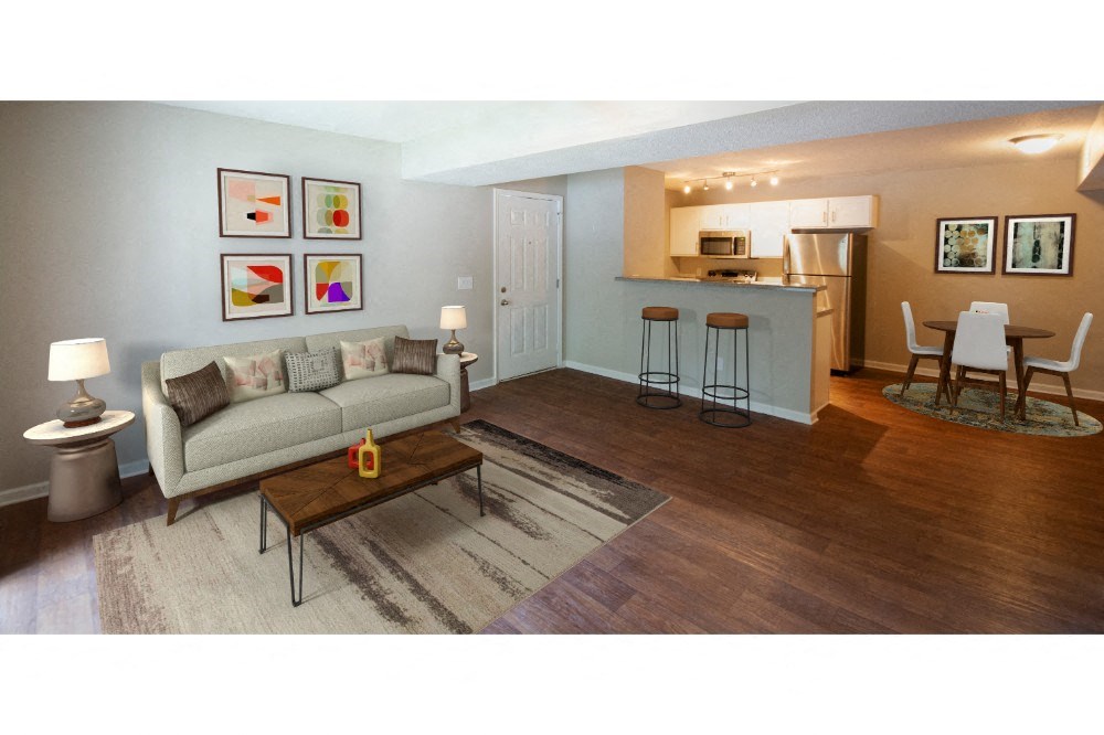 a living room with a couch and a table