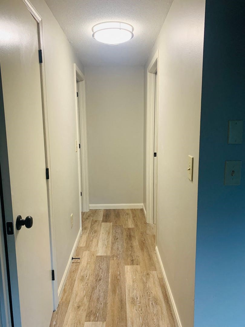 a hallway with wood flooring and a blue door at Briarcliff at Quechee, Quechee