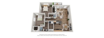 a stylized floor plan with a bedroom and living room