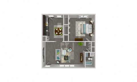 A floor plan of a house with a kitchen, living room, and two bedrooms.