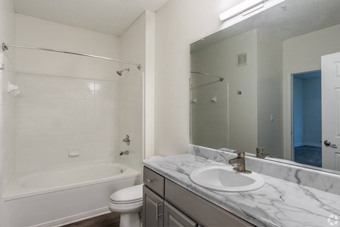 a bathroom with a sink and a shower and a toilet