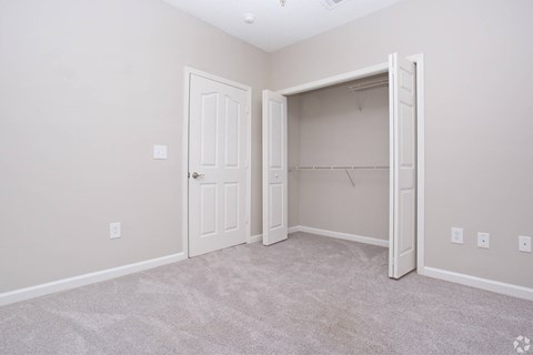 an empty bedroom with a closet and a door to a closet