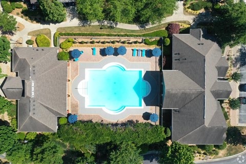 arial view of a swimming pool in a backyard with houses and trees