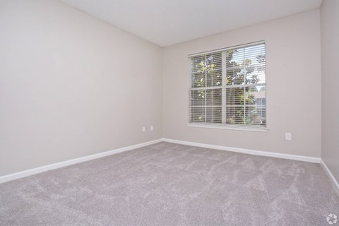 an empty living room with a window and carpet
