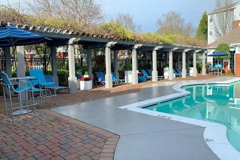 a pool with chairs and umbrellas next to a resort pool