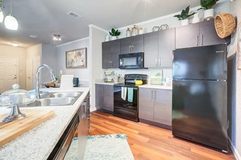 A modern kitchen with a black refrigerator and stove.