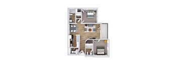 A floor plan of a two-story house with a living room, two bedrooms, a kitchen, and a bathroom.