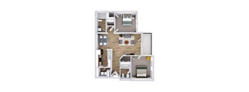 A floor plan of a two-story house with a living room, two bedrooms, a kitchen, and a bathroom.
