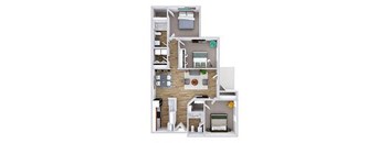 A 3D floor plan of a house with a kitchen, living room, and two bedrooms.