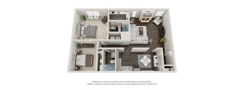 A 3D floor plan of a house with a kitchen, living room, and two bedrooms.