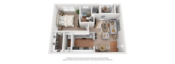 A 3D floor plan of a small apartment with a kitchen, living room, and bedroom.