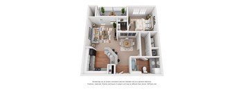 A 3D floor plan of a house with a kitchen, living room, and bathroom.