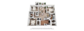 A 3D floor plan of a house with labeled rooms.