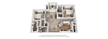 A 3D floor plan of a house with a kitchen, living room, and bedrooms.