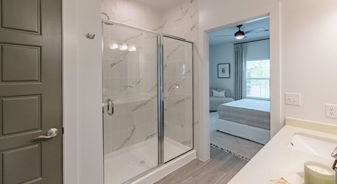 A bathroom with a walk-in shower and a bedroom in the background.