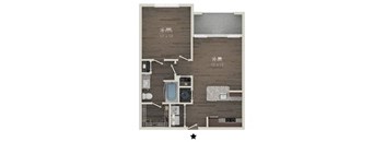 A floor plan of a room with a kitchen, living room, and bathroom.
