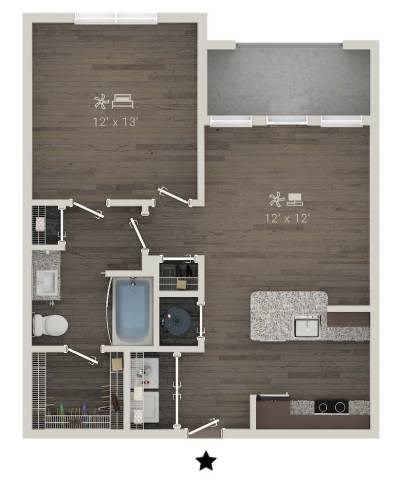 A floor plan of a room with a kitchen, living room, and bathroom.